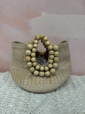 Aranaz Beige Raffia Beaded Handle Bag