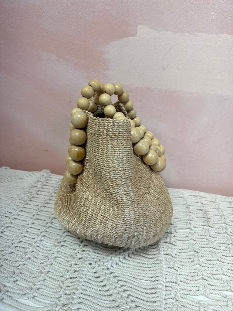 Aranaz Beige Raffia Beaded Handle Bag