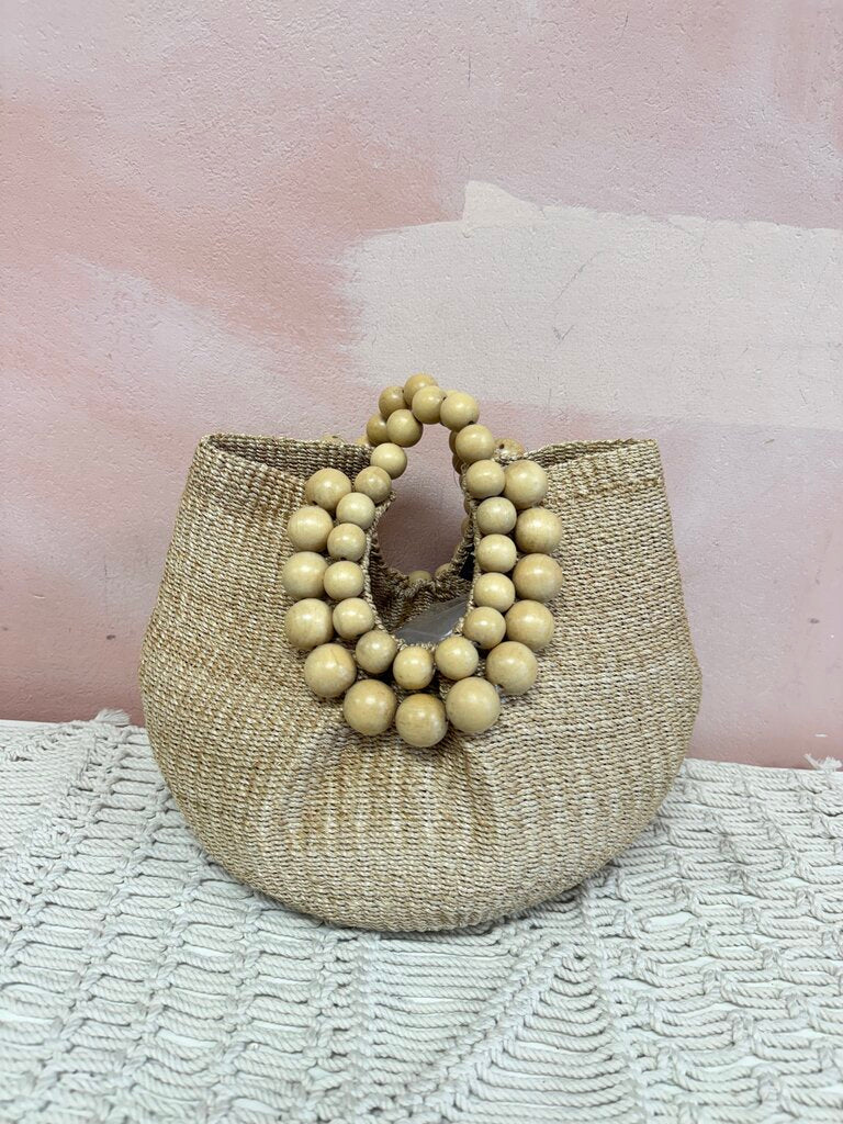 Aranaz Beige Raffia Beaded Handle Bag