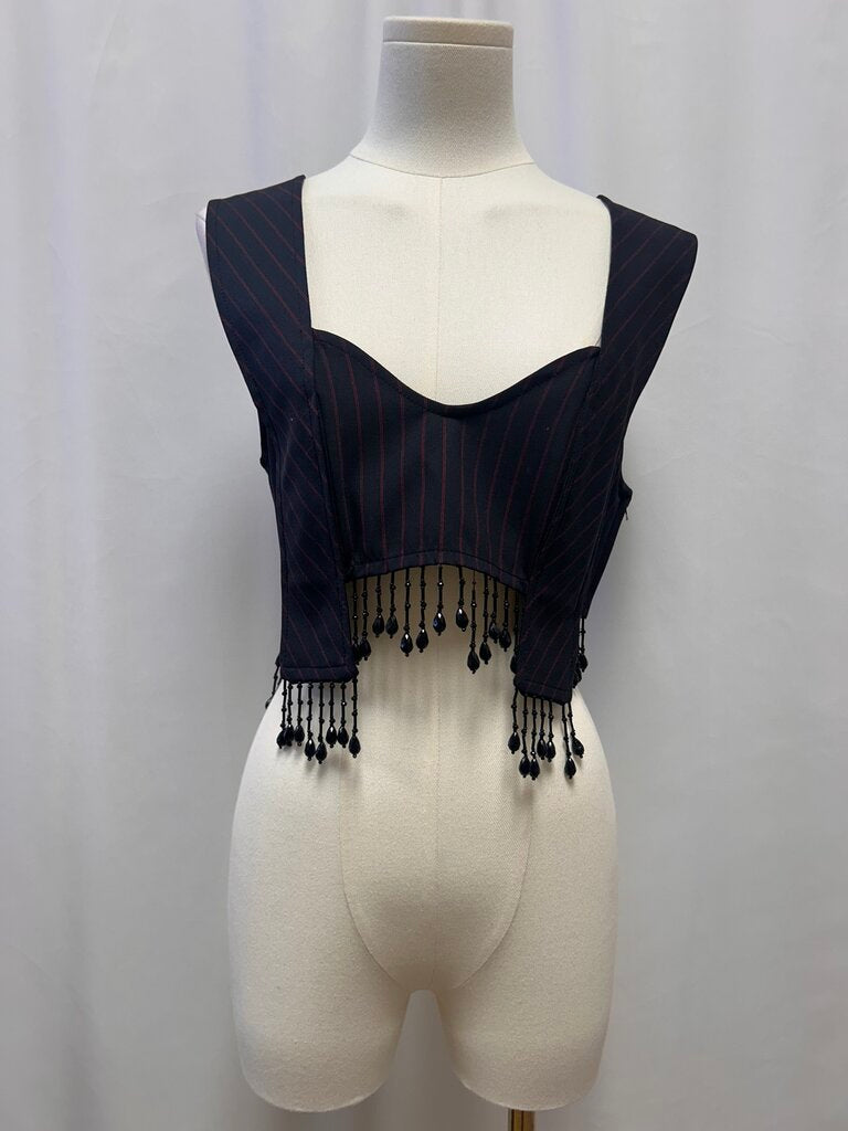 Ganni Dark Blue Pinstripe Fringe Tank