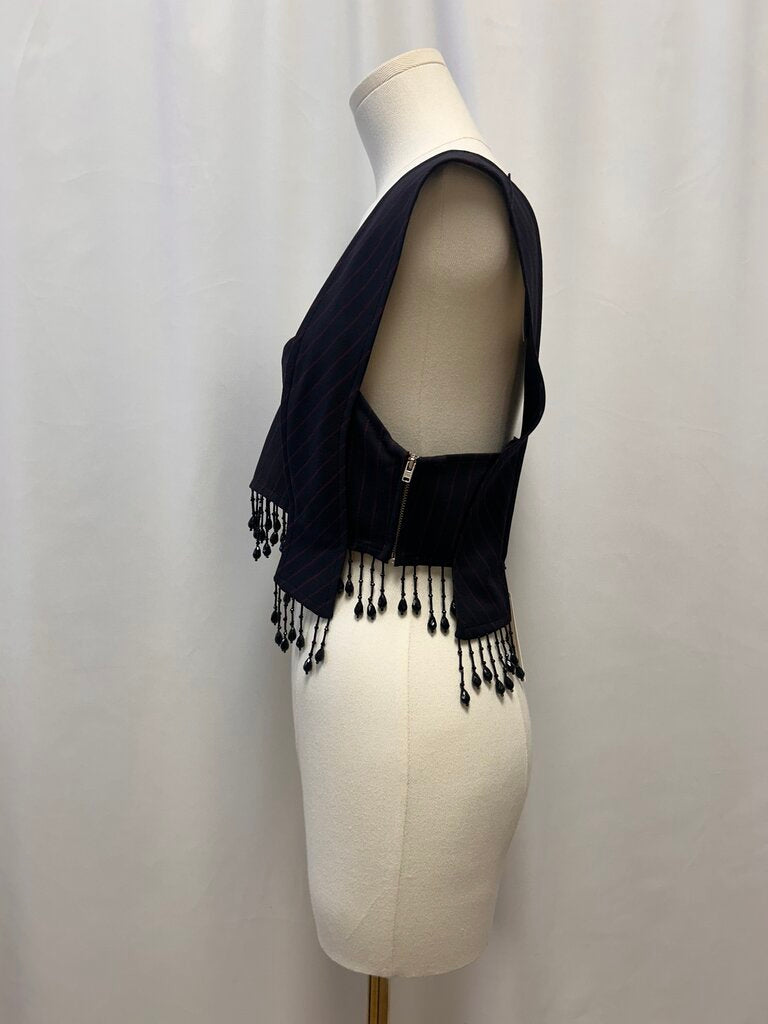 Ganni Dark Blue Pinstripe Fringe Tank