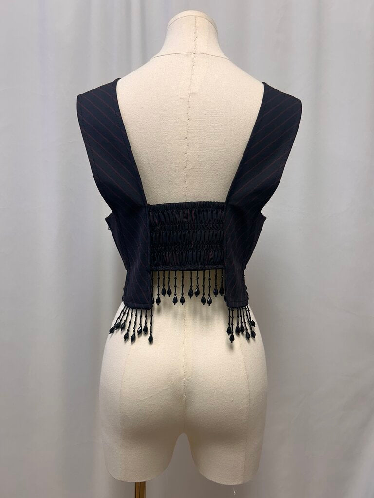 Ganni Dark Blue Pinstripe Fringe Tank