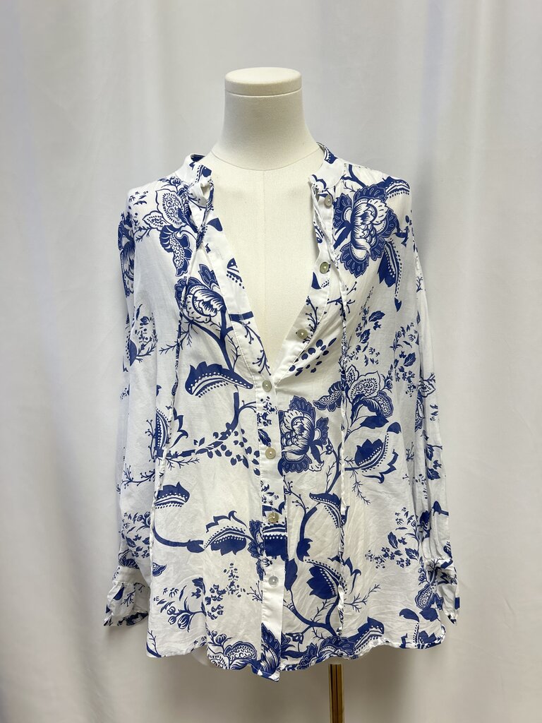 Baci Blue and White Button Up Top