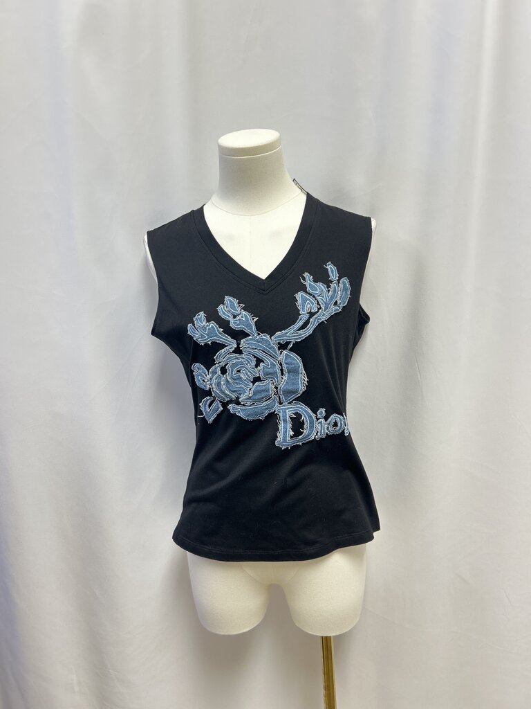 Christian Dior Black Denim Flower Applique Tank