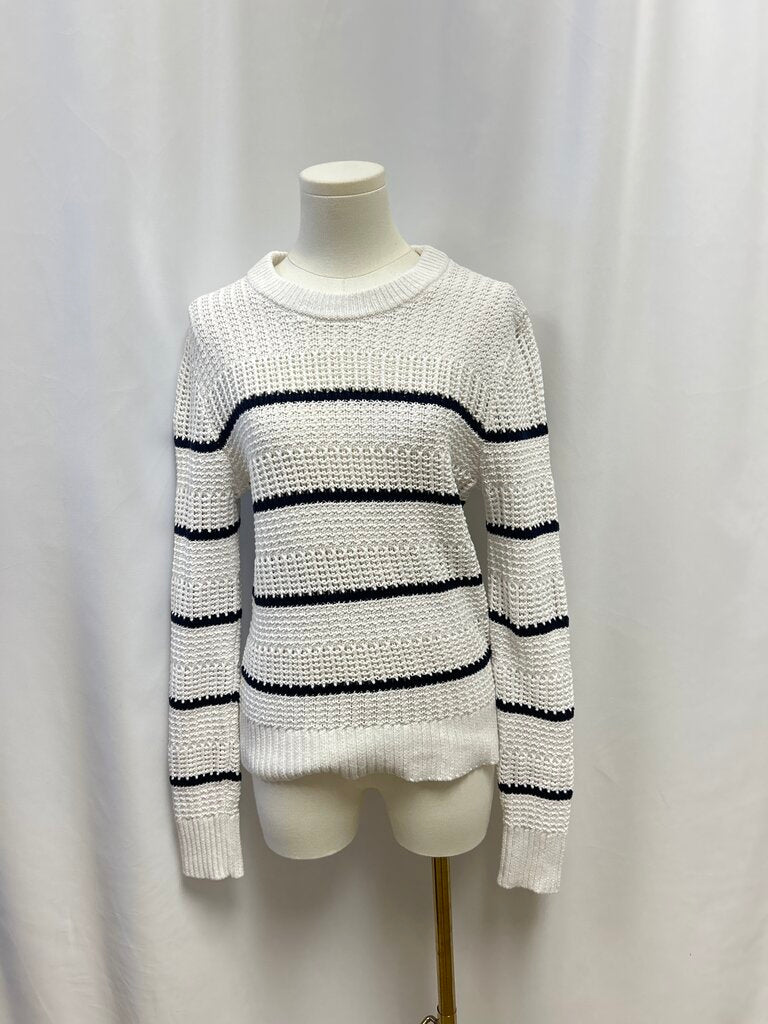 White + Warren White and Blue Striped Knit Sweater