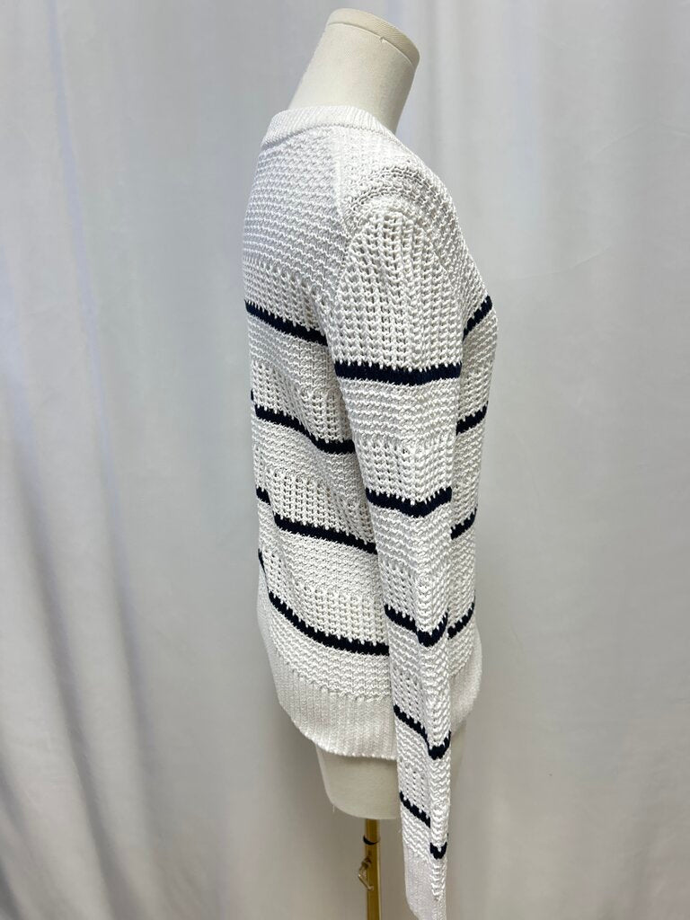 White + Warren White and Blue Striped Knit Sweater