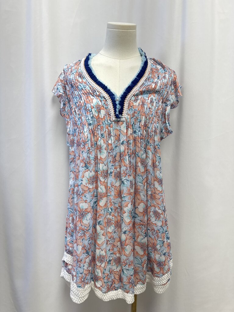 Poupette St Barth Blue and Pink Pin Tuck Mini Dress