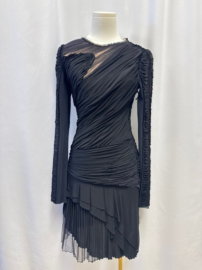 J. Mendel Black Ruched Mesh Mini Dress