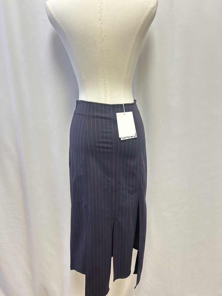 Ganni Dark Blue Pinstripe Frayed Hem Skirt