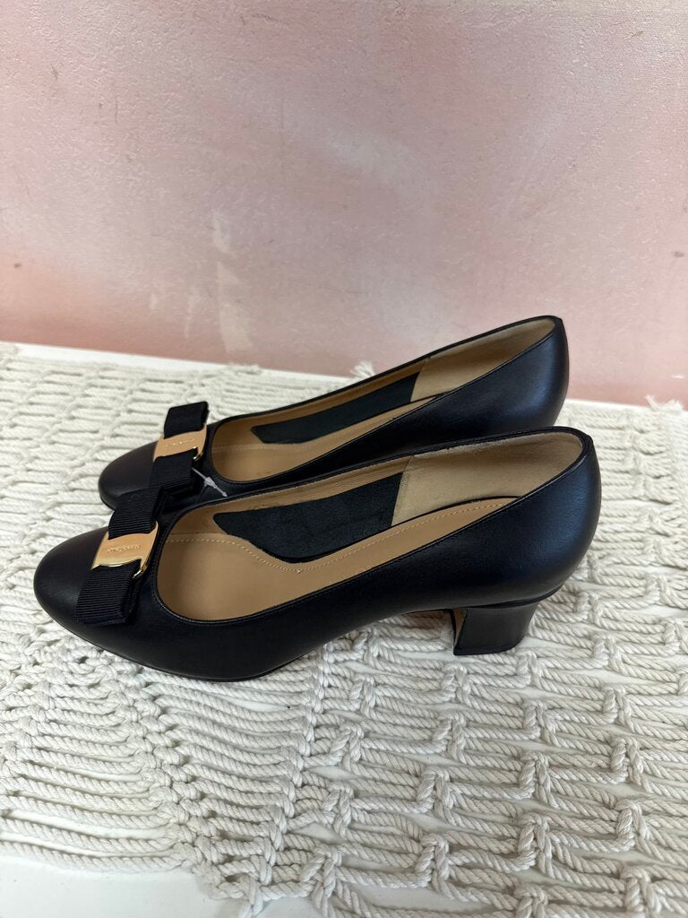 Ferragamo Black Block Heel Bow Detail Pump