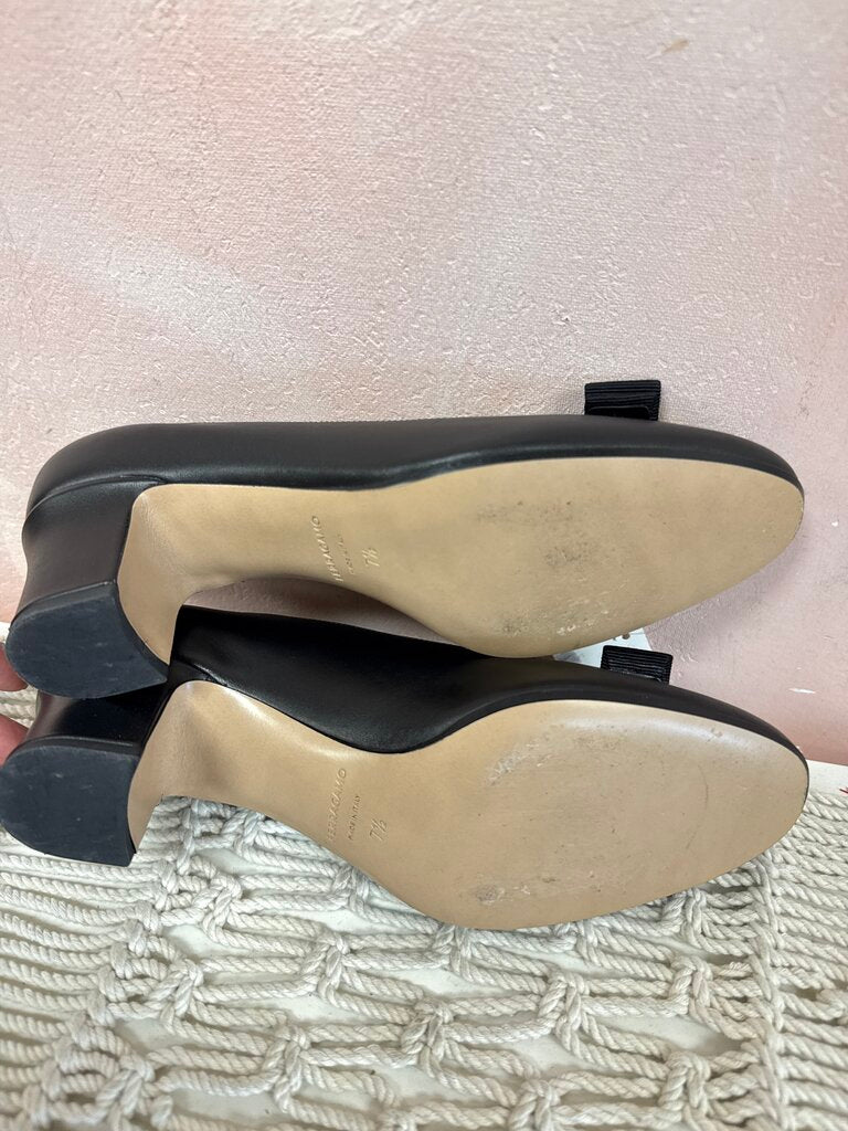 Ferragamo Black Block Heel Bow Detail Pump