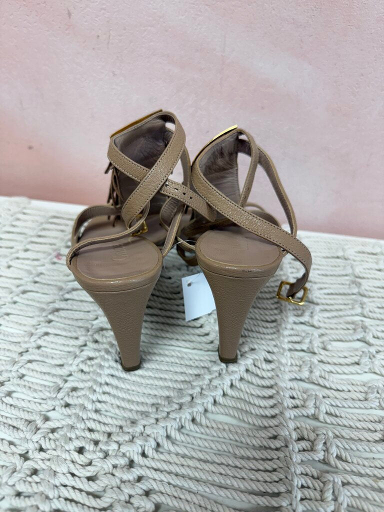 Chloe Tan Fringe Ankle Strap Sandal w/Box