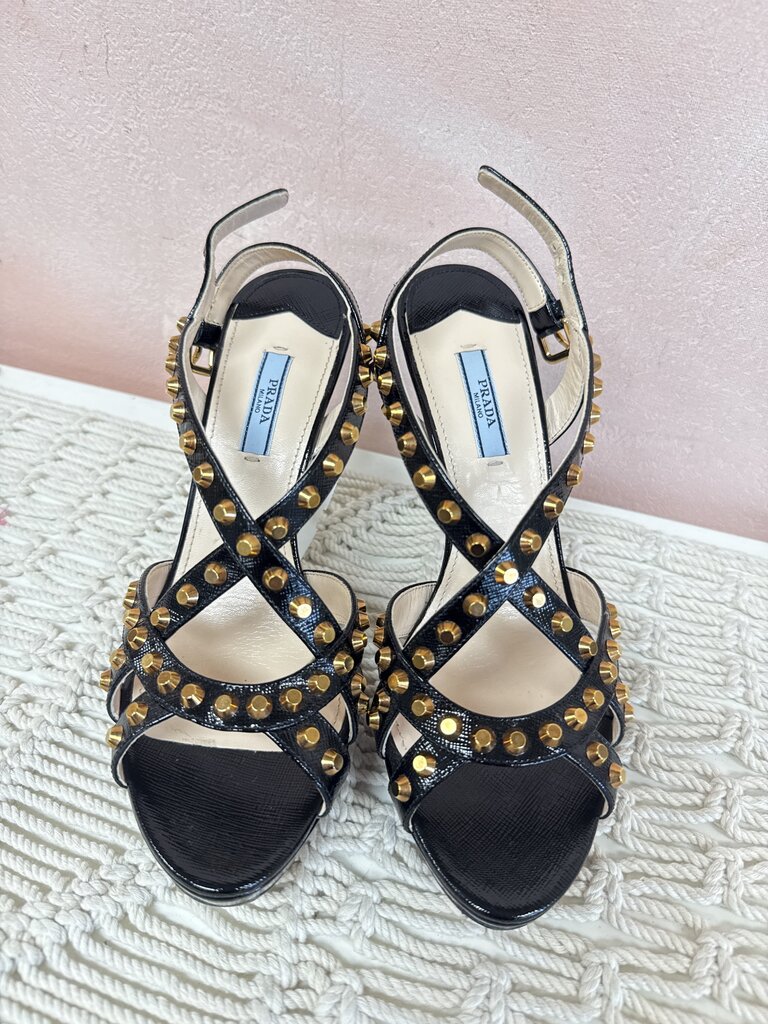 Prada Black Saffiano Gold Studded Heels w/Box (As Is)