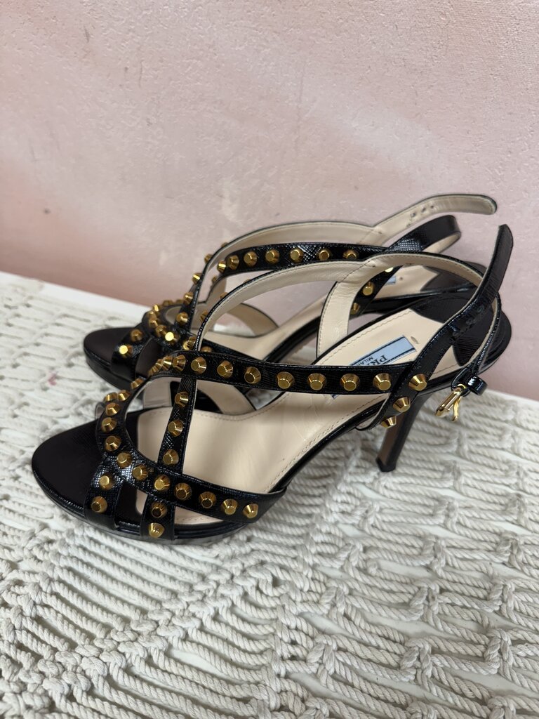 Prada Black Saffiano Gold Studded Heels w/Box (As Is)