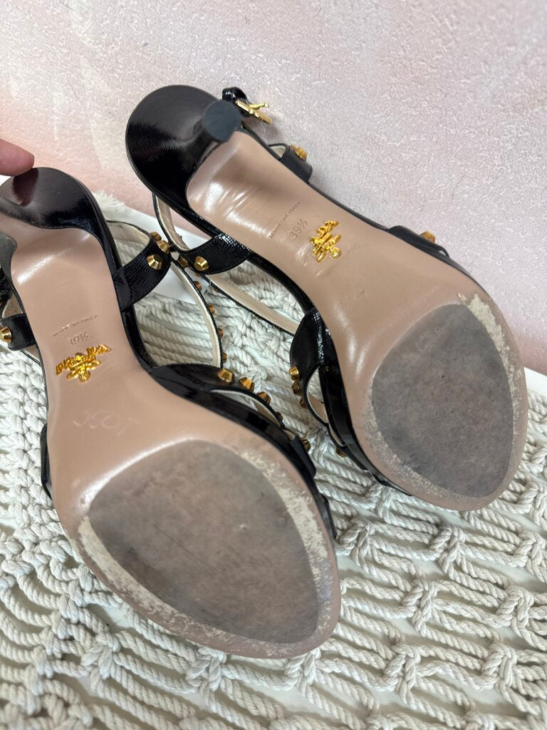 Prada Black Saffiano Gold Studded Heels w/Box (As Is)