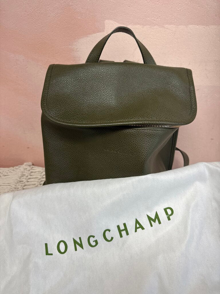 Longchamp Olive Leather Backpack W/ Dustbag
