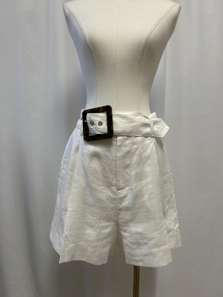 Staud White Linen Belted Cuffed Shorts