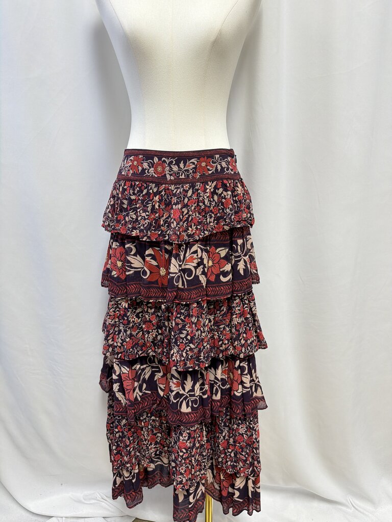 Farm Rio Wine Floral Tiered Maxi Skirt