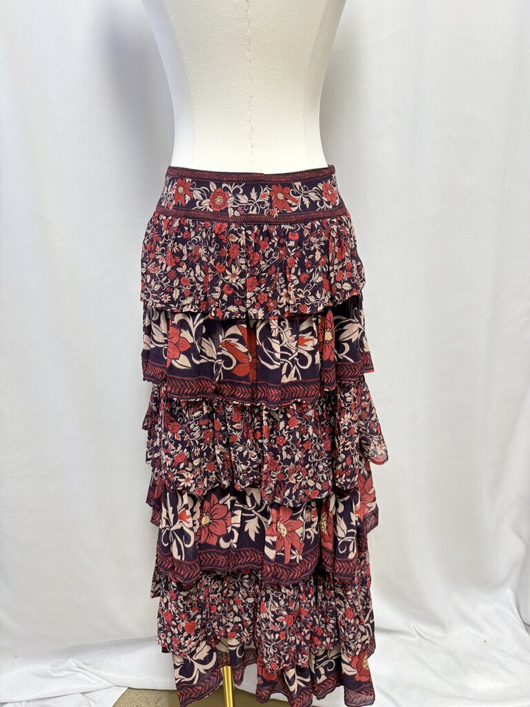 Farm Rio Wine Floral Tiered Maxi Skirt