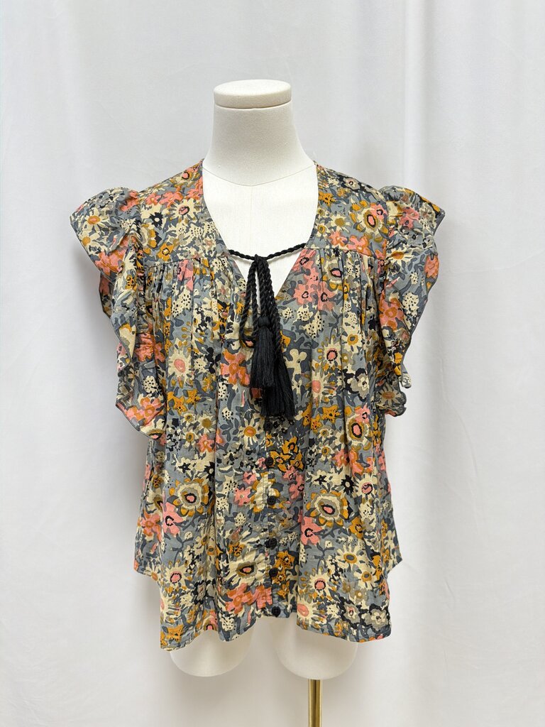 bishop + young Grey Floral Ruffle Top