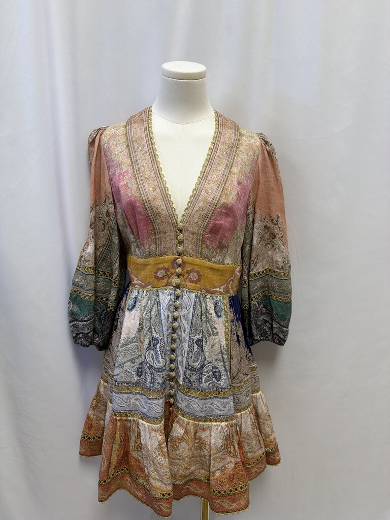 Zimmermann Multi Linen Lantern Sleeve Mini Dress