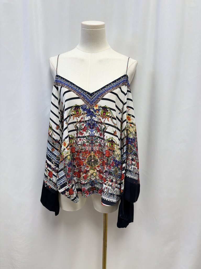 Camilla Stripe and Floral Print Cold Shoulder Silk Top