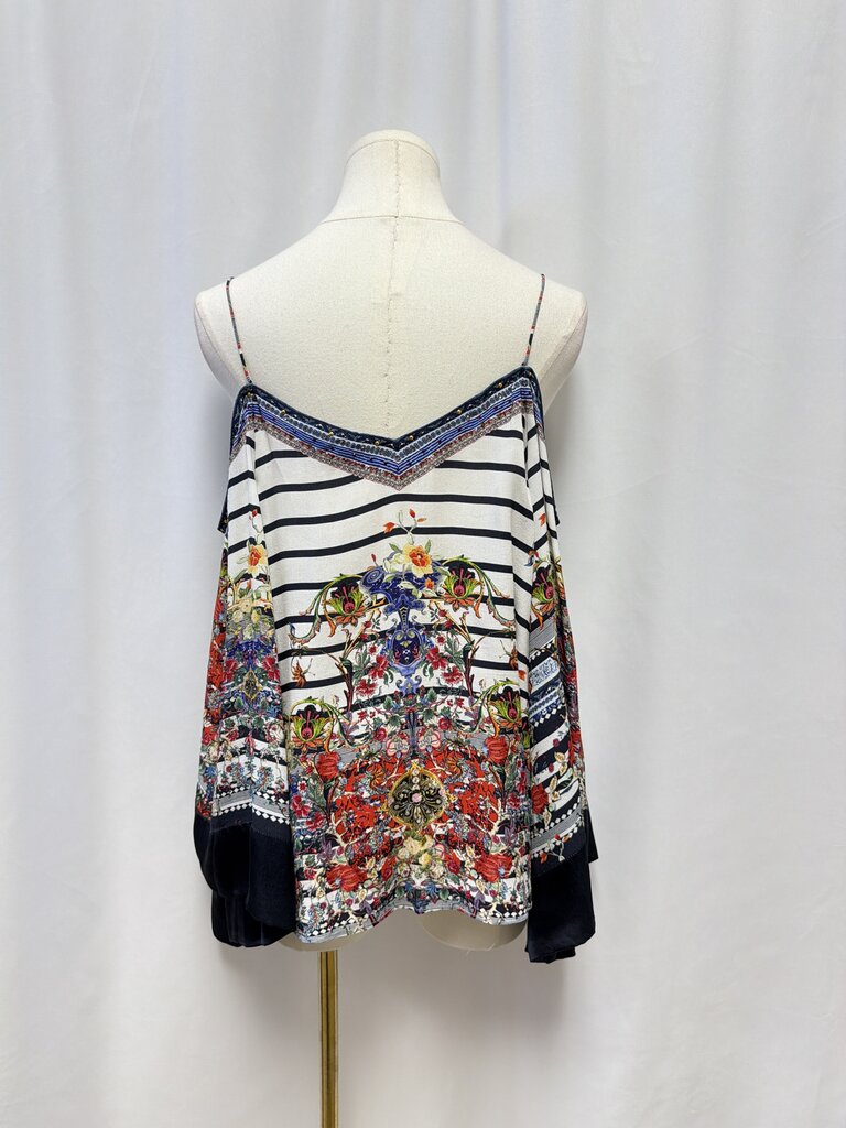 Camilla Stripe and Floral Print Cold Shoulder Silk Top