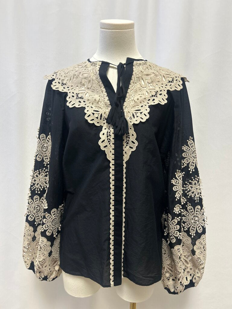 Kobi Halperin Cotton/Silk Blend Floral Tan Lace Detail Blouse