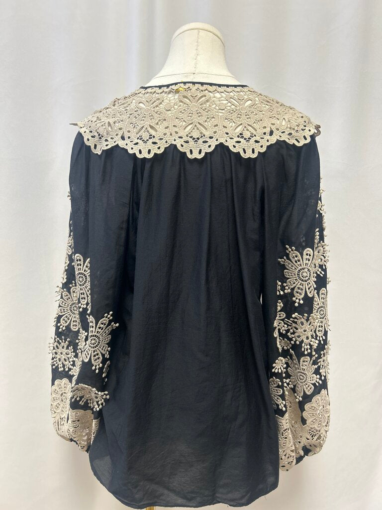Kobi Halperin Cotton/Silk Blend Floral Tan Lace Detail Blouse
