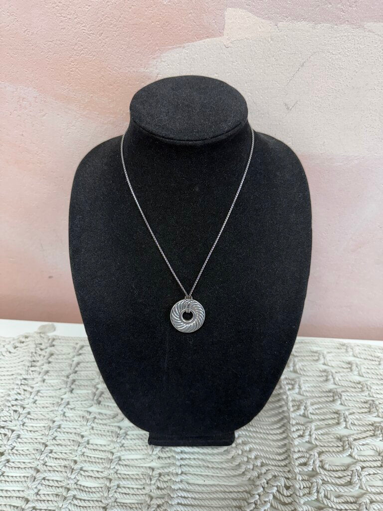 David Yurman Silver Sculpted Cable Disc and Pave Diamond Necklace