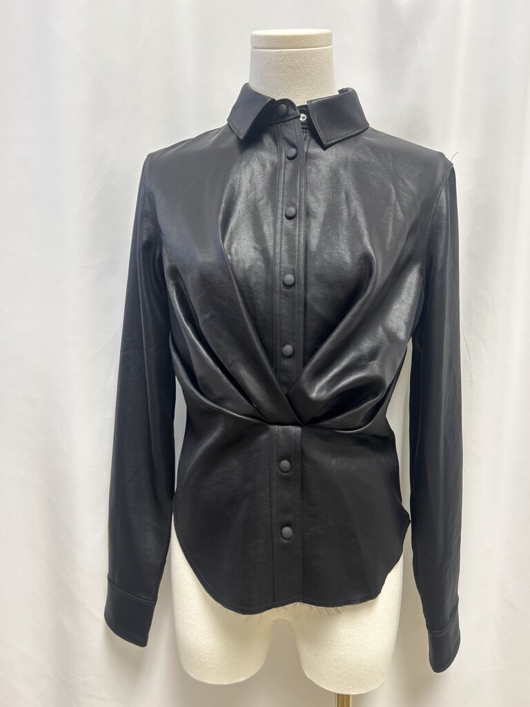 Rta Black Satin Ruched Button Up