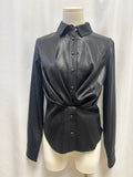 Rta Black Satin Ruched Button Up
