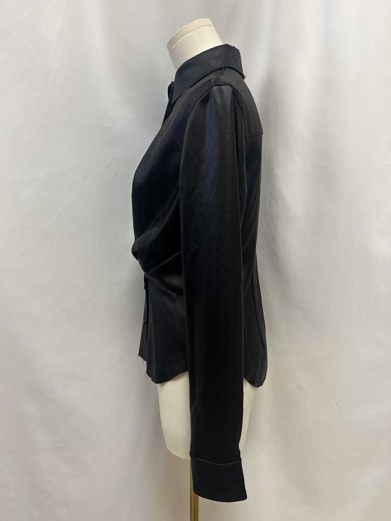 Rta Black Satin Ruched Button Up