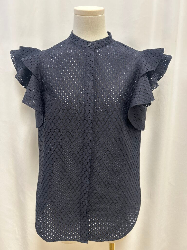 Akris Navy Ruffle Sleeve Eyelet Top