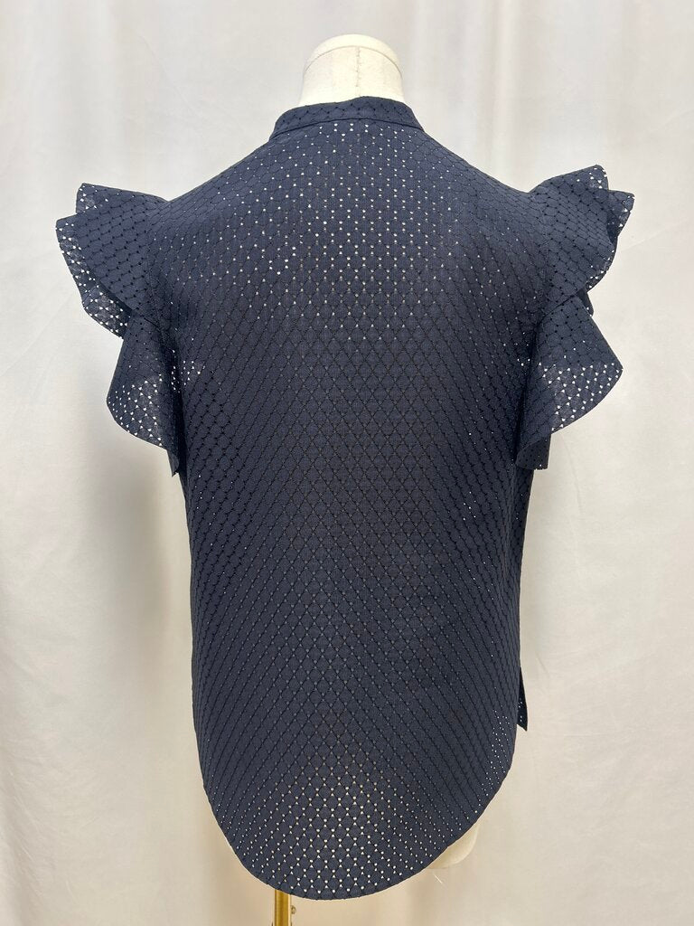 Akris Navy Ruffle Sleeve Eyelet Top