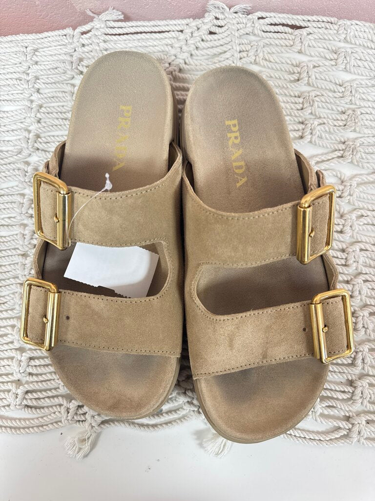 Prada Tan Suede Duel Buckle Sandal w/Box