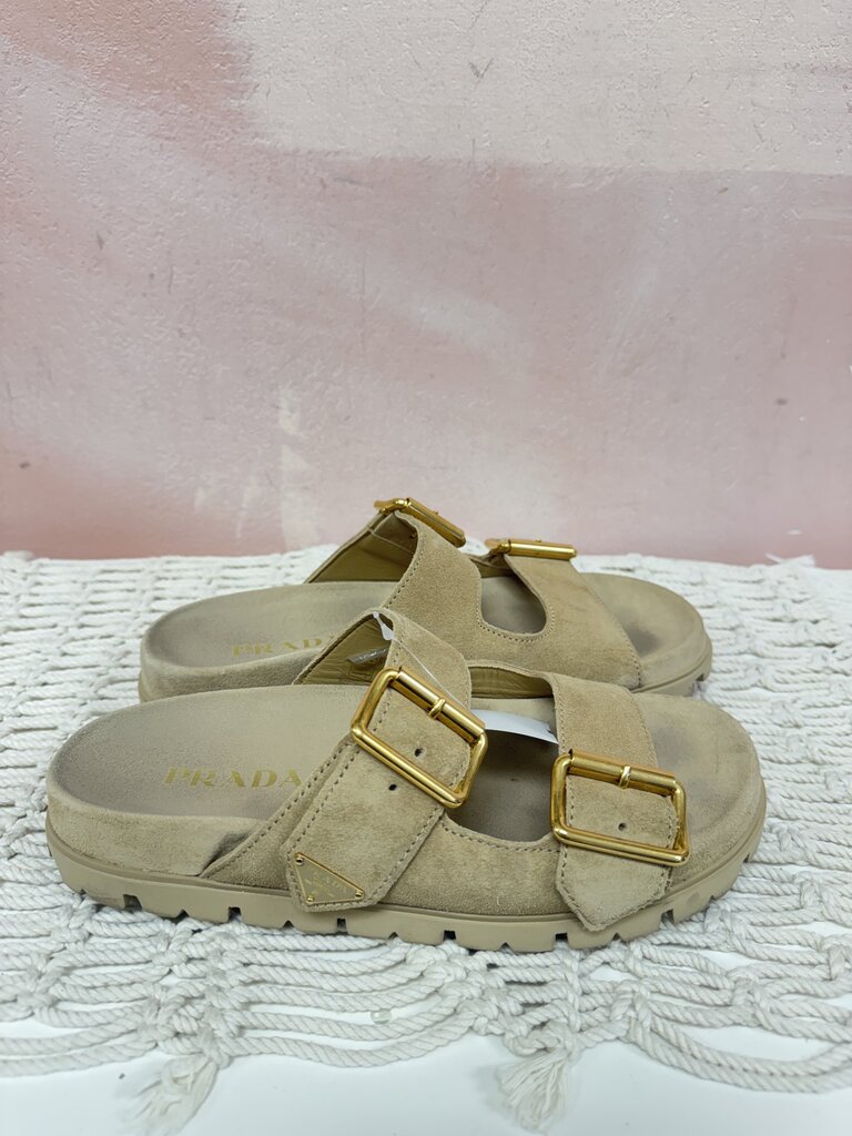 Prada Tan Suede Duel Buckle Sandal w/Box