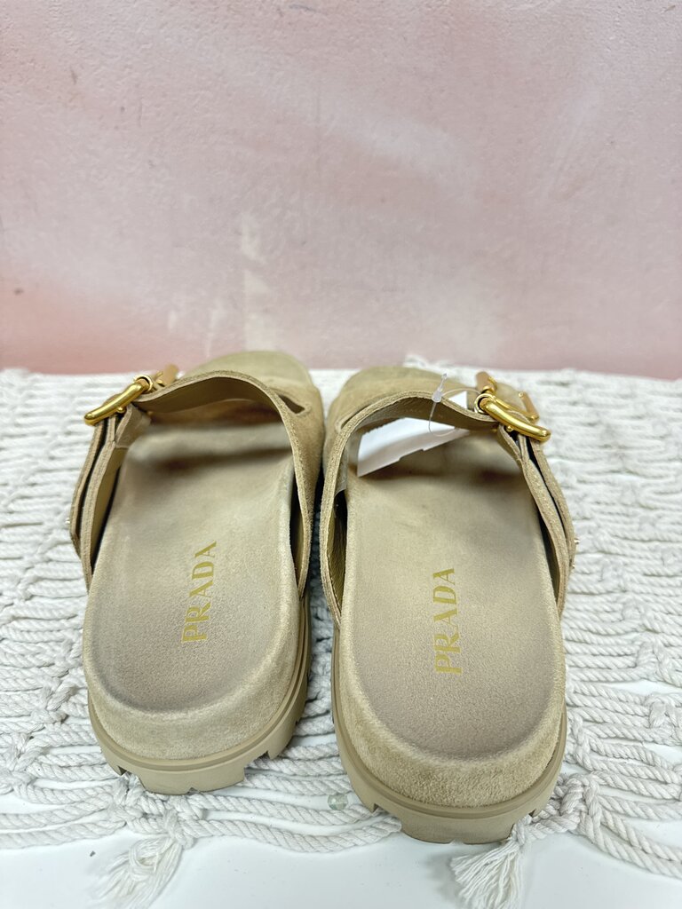 Prada Tan Suede Duel Buckle Sandal w/Box