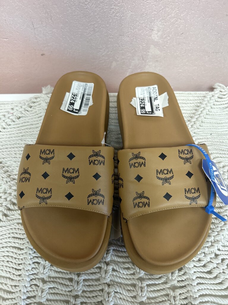 MCM Tan Monogram Platform Slide w/Box
