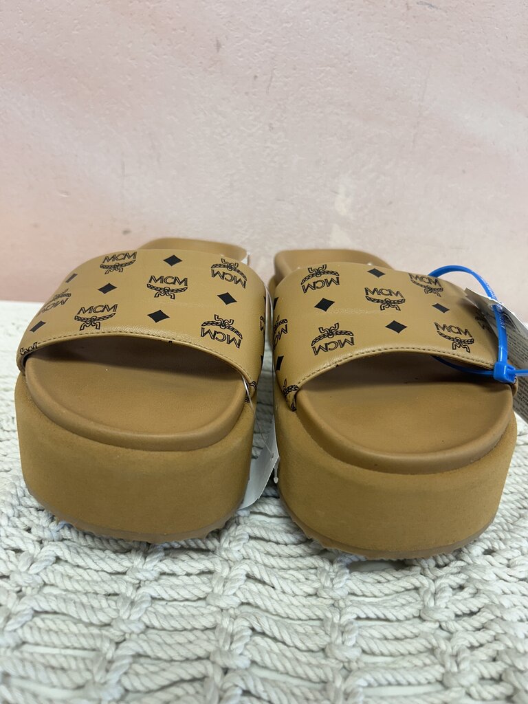 MCM Tan Monogram Platform Slide w/Box