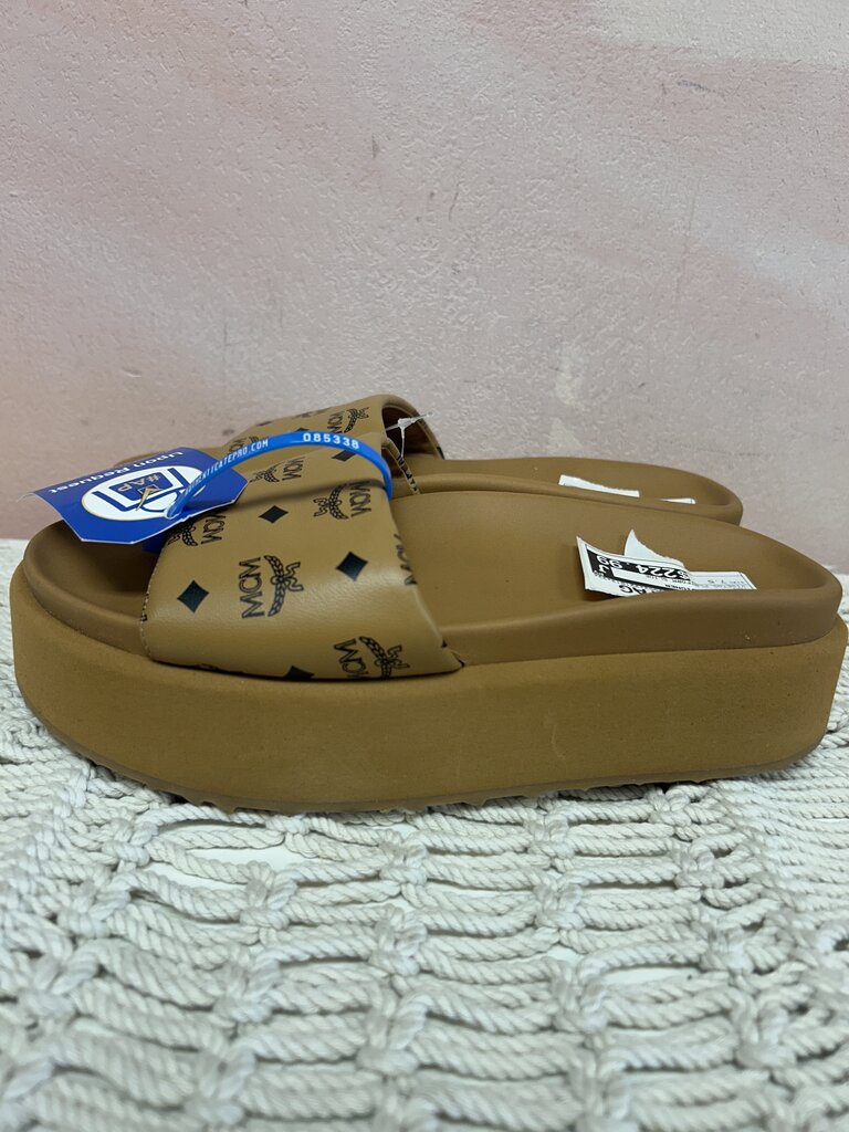 MCM Tan Monogram Platform Slide w/Box