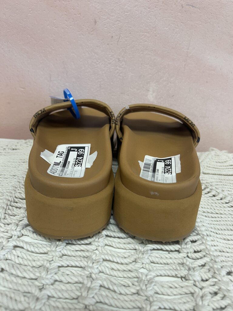 MCM Tan Monogram Platform Slide w/Box
