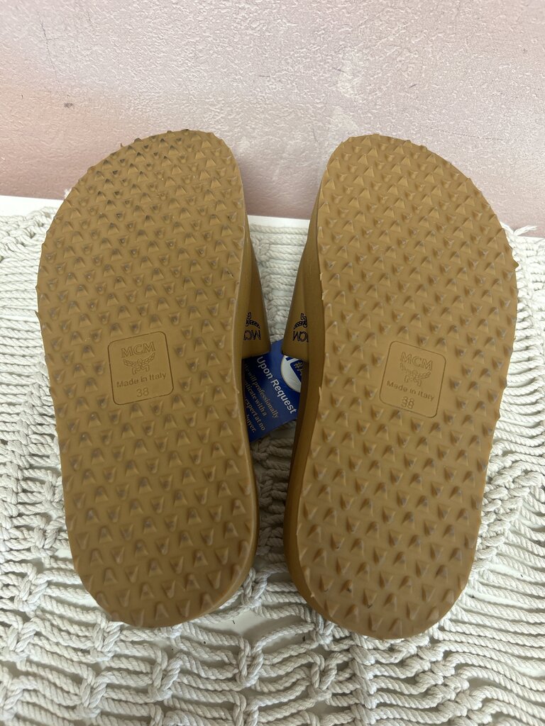 MCM Tan Monogram Platform Slide w/Box