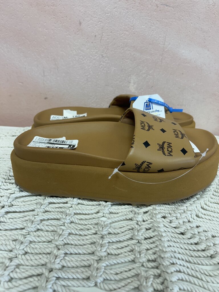 MCM Tan Monogram Platform Slide w/Box
