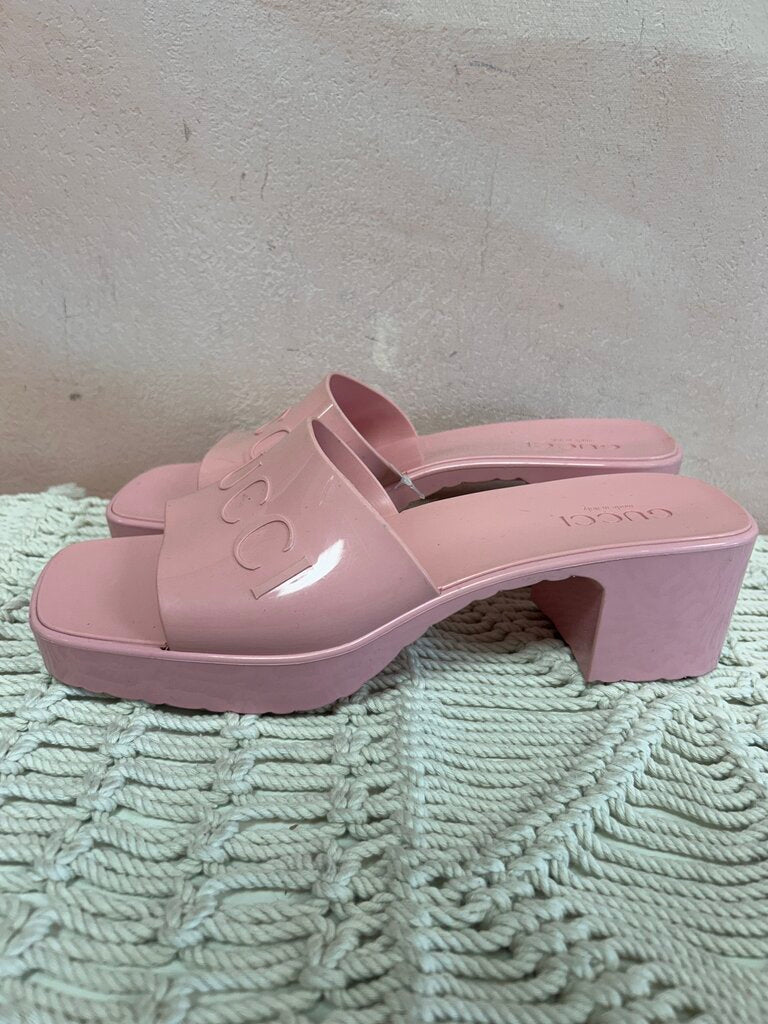 Gucci Pink Rubber Block Heel Slide