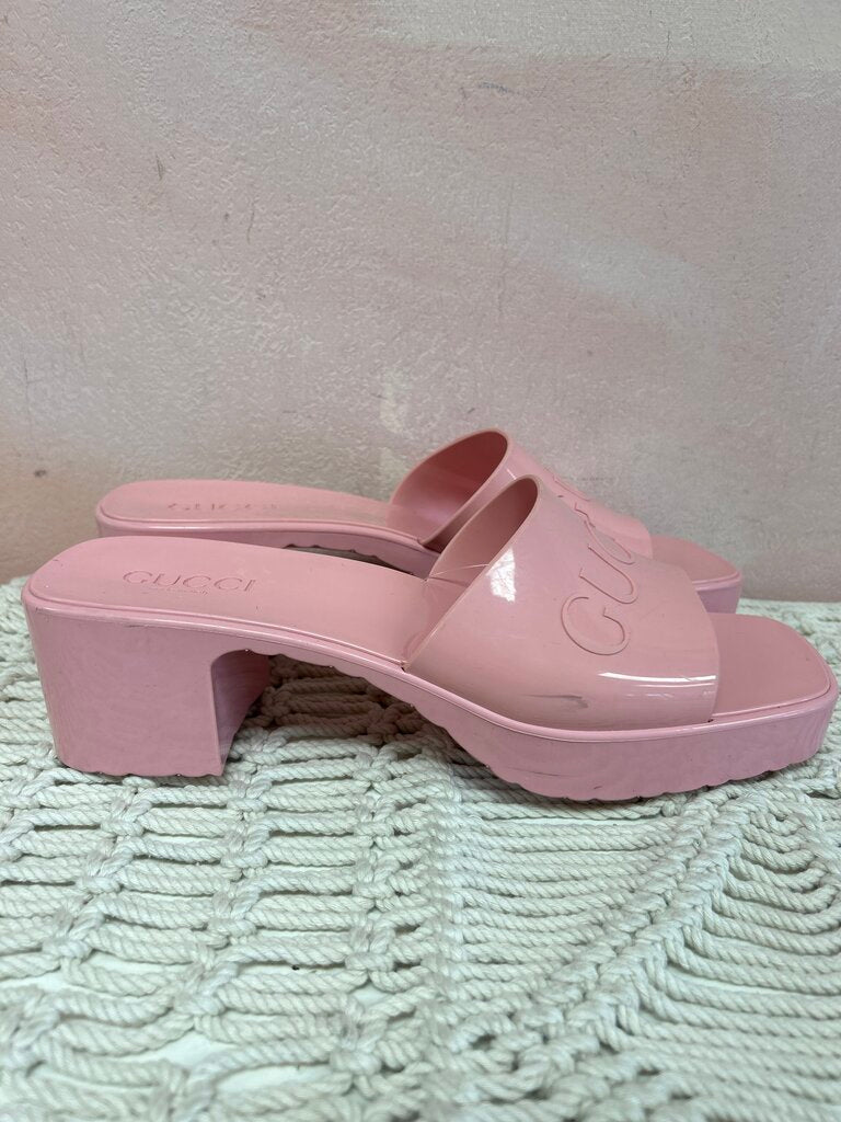 Gucci Pink Rubber Block Heel Slide