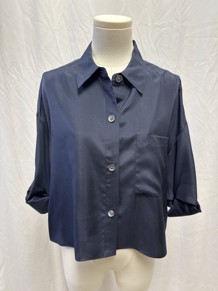 TWP Navy Silk Cropped Button Up
