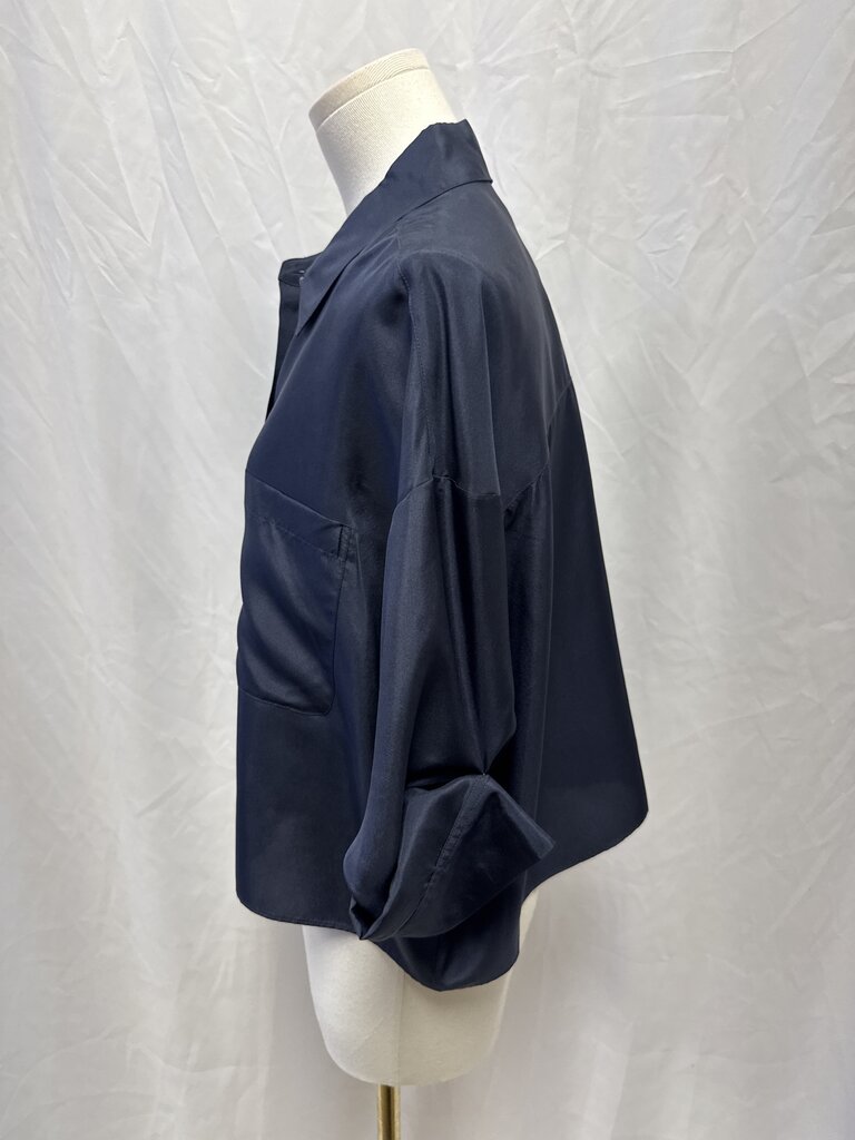 TWP Navy Silk Cropped Button Up