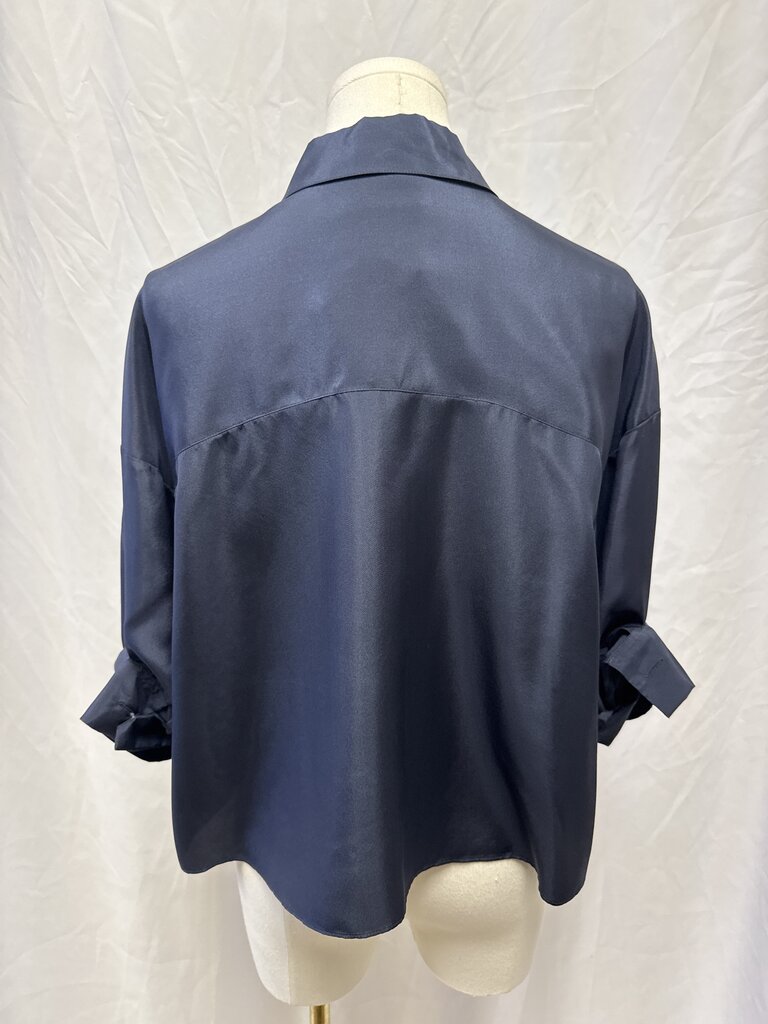 TWP Navy Silk Cropped Button Up