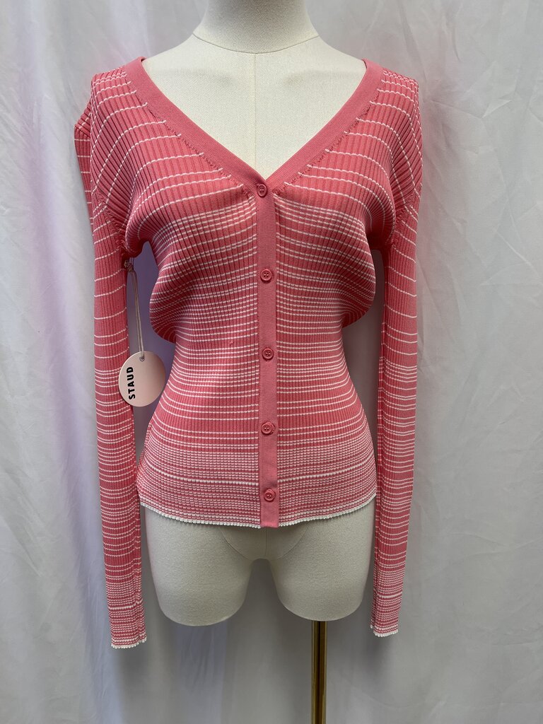 Staud Pink Striped Ribbed Cardigan